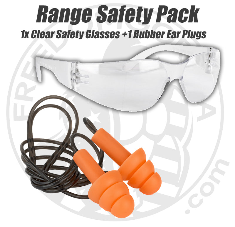 Range Safety Pack Single - 1 Clear Safety Glasses + 1 Rubber Ear Plugs Corded