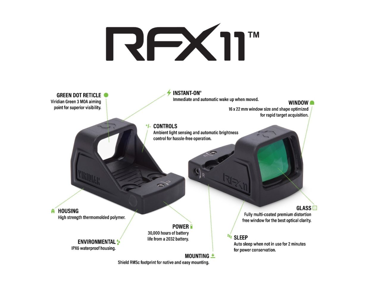 Viridian RFX 11 3 MOA Green Dot Sight - RMSc Footprint - High Strength Polymer Housing