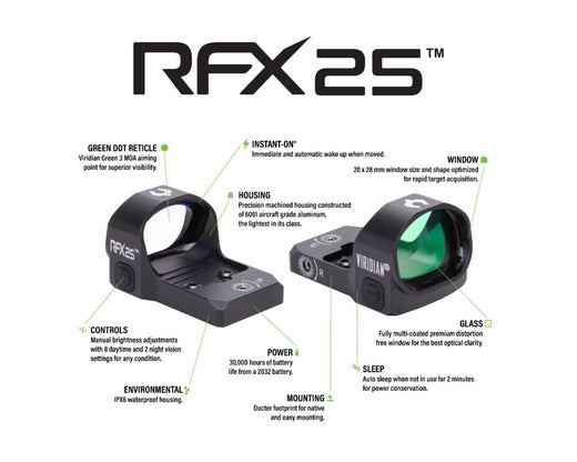OPEN BOX [LIKE NEW] Viridian RFX 25 3 MOA Green Dot Sight - Docter Footprint - 6061 T6 Aluminum