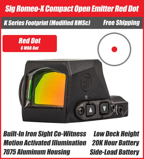 SIG ROMEO-X Compact Open Emitter Red Dot - 3MOA, 6MOA, Circle Dot - RMSc Footprint - SORX1200, SORX1231, SORX1260