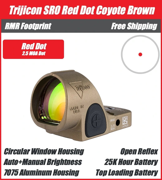 Trijicon SRO Red Dot Sight Coyote Brown - Round Window - Available in 1, 2.5, and 5 MOA Versions - 7075 T6 Aluminum - RMR Footprint