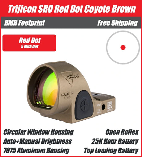 Trijicon SRO Red Dot Sight Coyote Brown - Round Window - Available in 1, 2.5, and 5 MOA Versions - 7075 T6 Aluminum - RMR Footprint