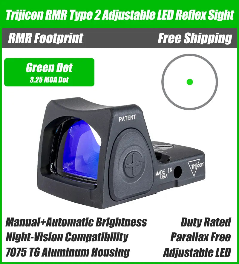 Trijicon RMR Type 2 Adjustable LED Green Dot Sight - 7075 T6 Aluminum - 3.25 MOA