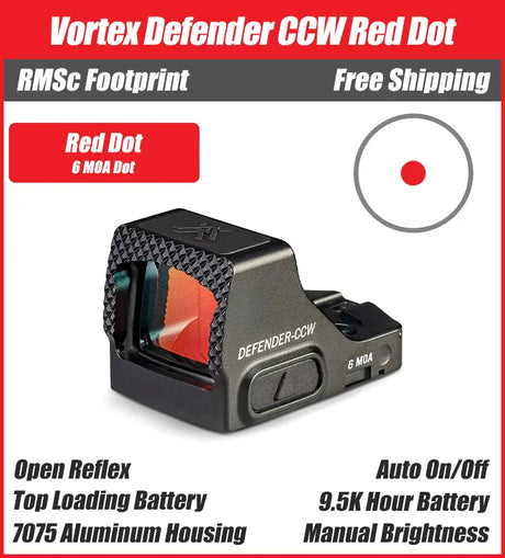 Vortex Defender CCW Red Dot, 3MOA/6MOA Options, RMSc Footprint, DFCCW-MRD3, DFCCW-MRD6