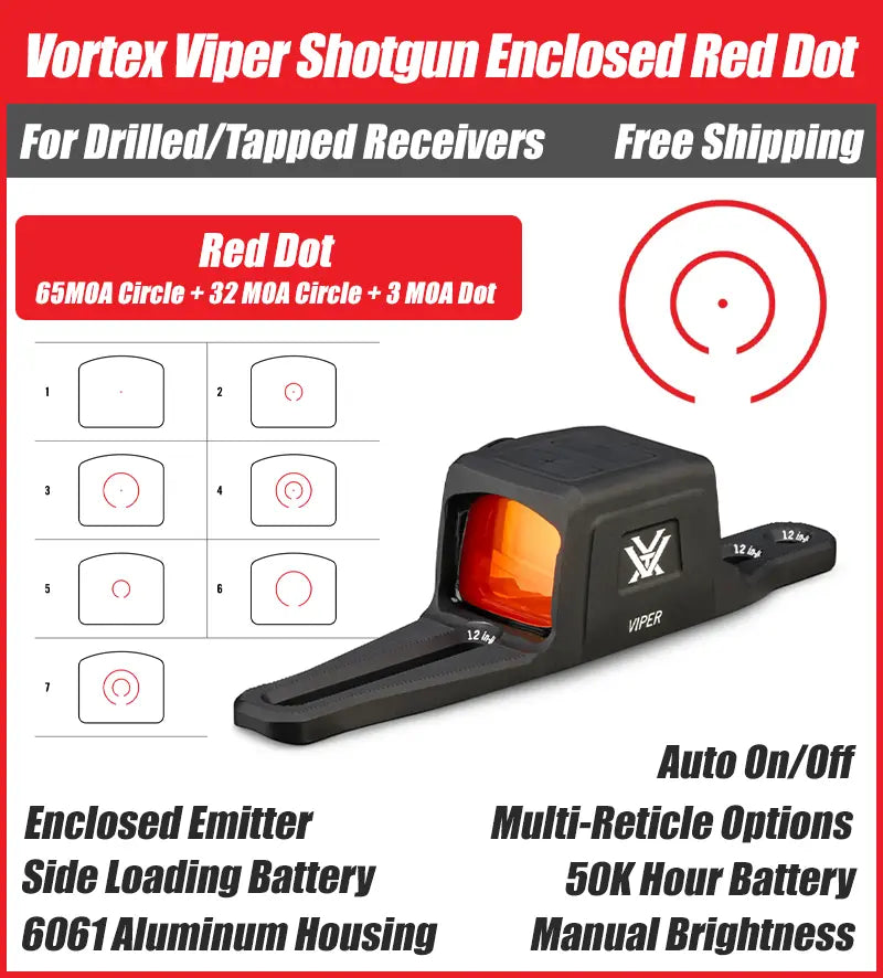 Vortex Viper Shotgun Enclosed Red Dot – Universal Mount For Tapped/Drilled | 3 MOA or Multi-Reticle