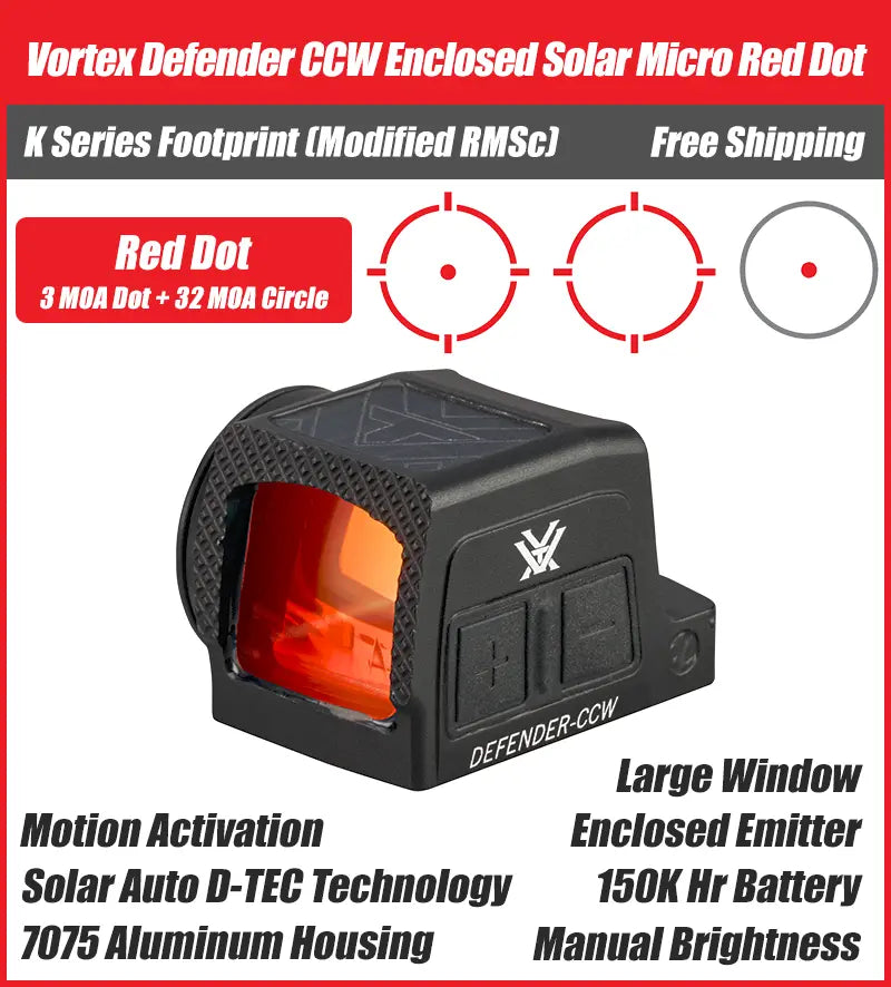 Vortex Defender-CCW Enclosed Solar Micro Red Dot — RMSc Footprint, 3 MOA Dot & 32 MOA Circle Reticle - DFCCW-MRD3-E