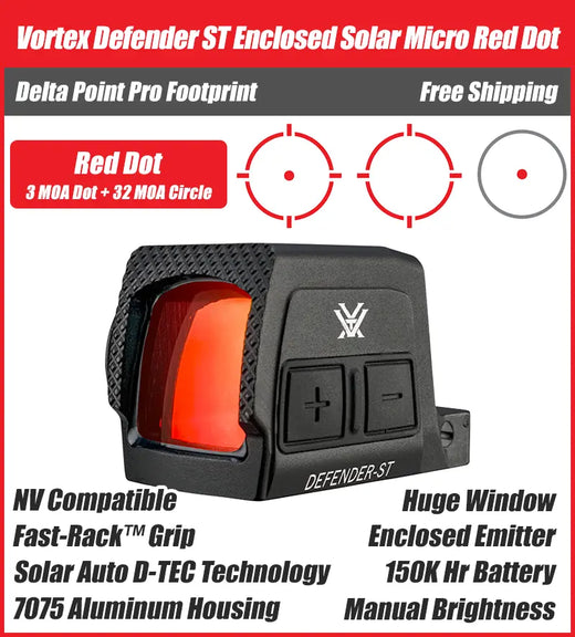 OPEN BOX [LIKE NEW] Vortex Defender ST Enclosed Solar Red Dot, DPP Footprint, 32 MOA Circle + 3 MOA Dot Reticle, DFST-MRD3-E