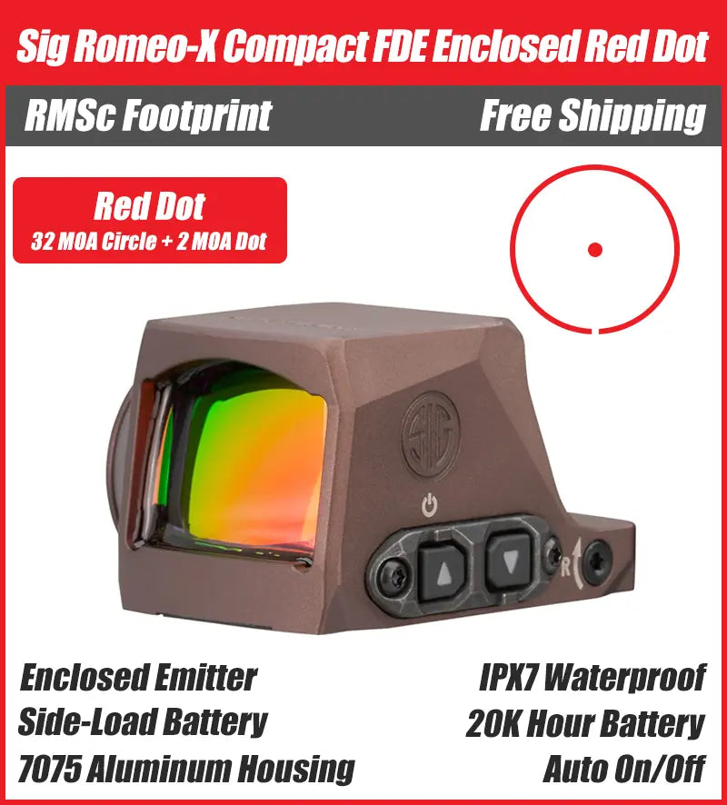 Sig Sauer Romeo X Compact FDE Enclosed Red Dot, Circle Dot, RMSc Footprint, Enclosed Emitter, FDE Housing