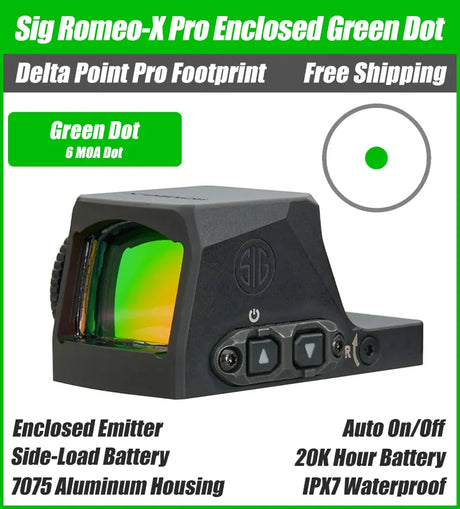 Sig Sauer Romeo X Pro Enclosed Green Dot, DPP Footprint, Enclosed Emitter, Black Housing, 3 MOA, 6 MOA, Circle Dot
