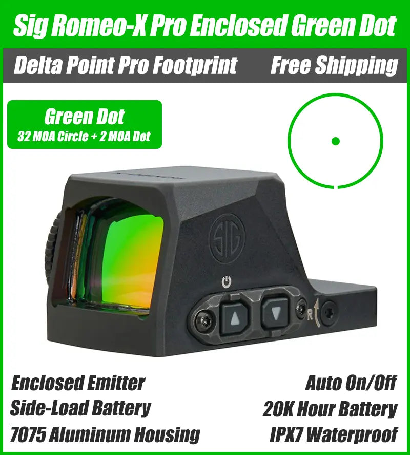 Sig Sauer Romeo X Pro Enclosed Green Dot, DPP Footprint, Enclosed Emitter, Black Housing, 3 MOA, 6 MOA, Circle Dot
