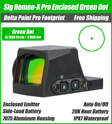 Sig Sauer Romeo X Pro Enclosed Green Dot, DPP Footprint, Enclosed Emitter, Black Housing, 3 MOA, 6 MOA, Circle Dot