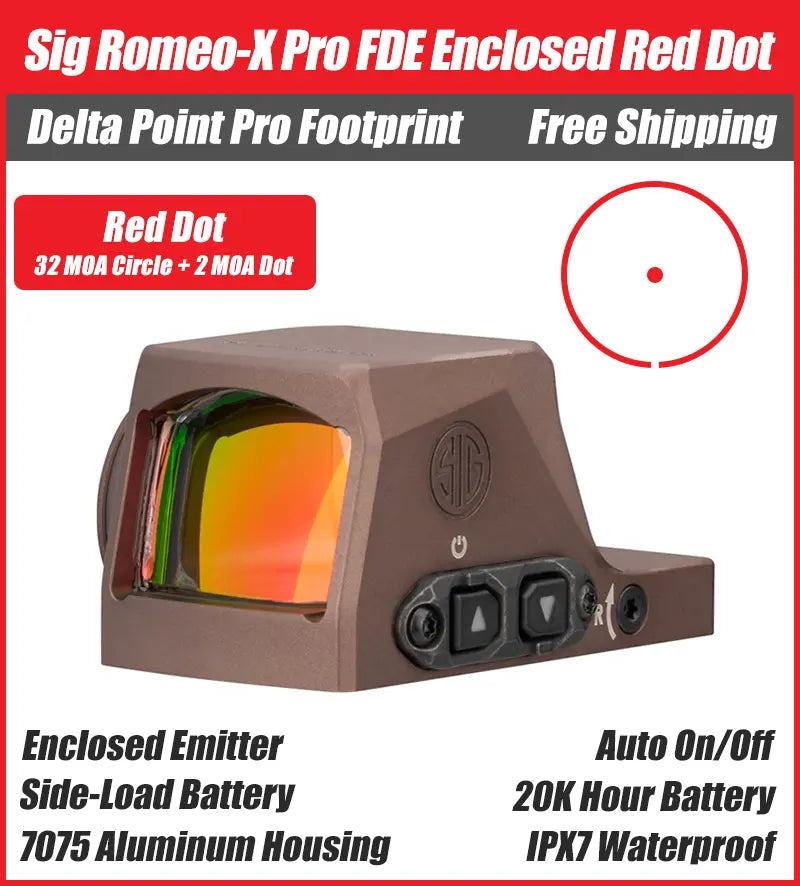 Sig Sauer Romeo X Pro FDE Enclosed Red Dot, Circle Dot, DPP