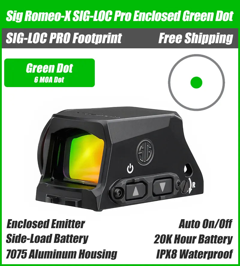 Sig Sauer Romeo X Pro Sig Loc Enclosed Green Dot, Sig Loc Pro Footprint, Enclosed Emitter, Black Housing, 3 MOA, 6 MOA, Circle Dot