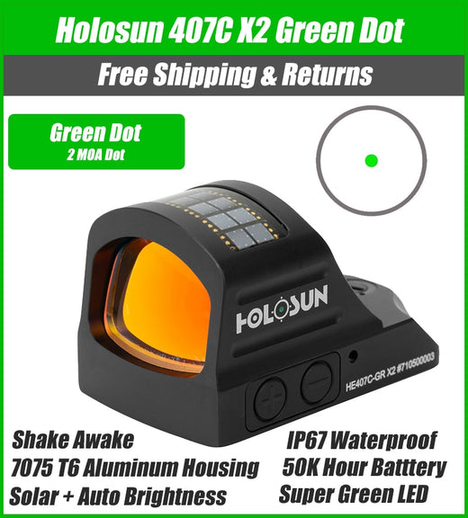 Holosun 407C X2 2 MOA Green Dot, RMR Footprint, Side Battery, Solar Failsafe - HE407C-GR-X2