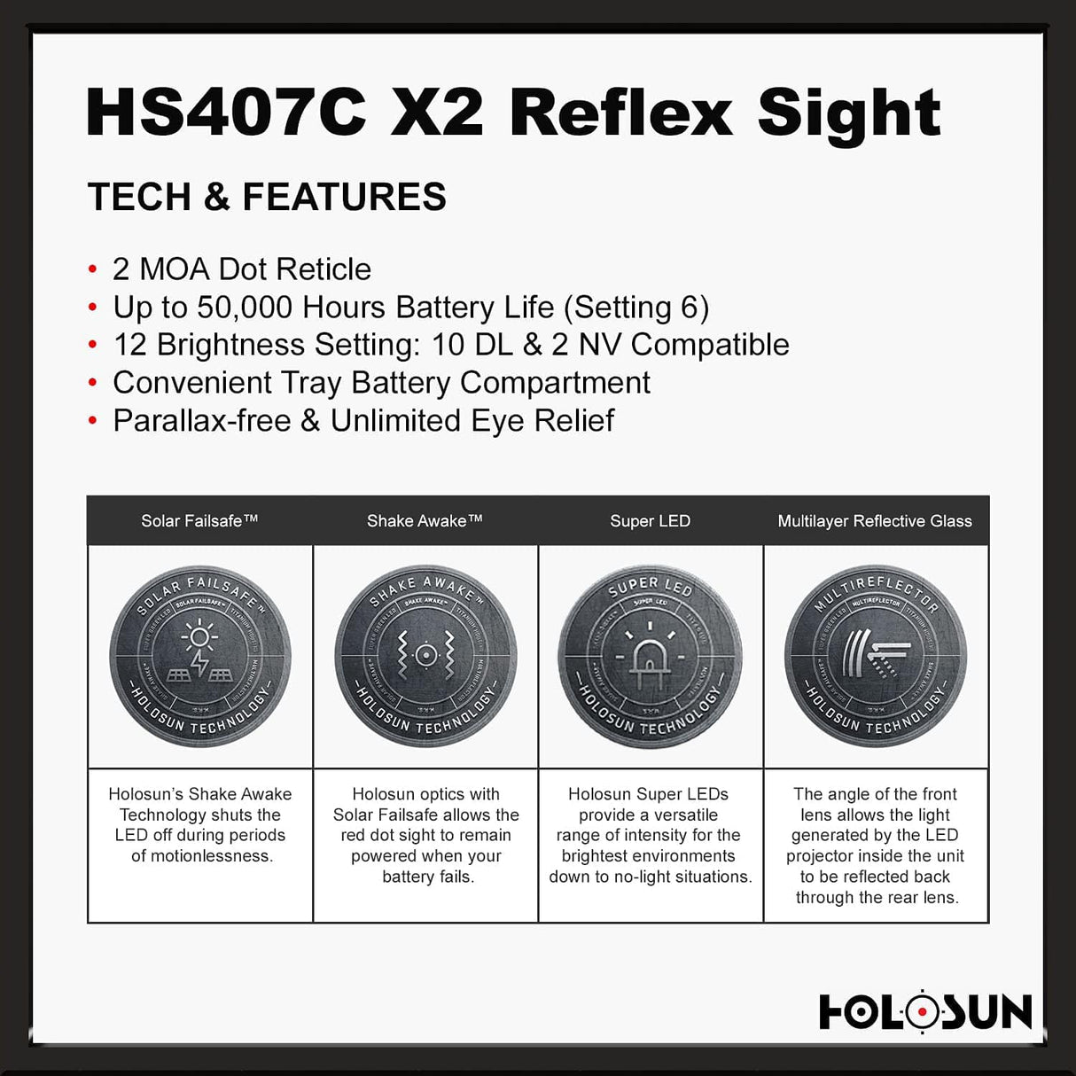 Holosun 407C X2, 2 MOA Red Dot, RMR Footprint, Side Battery, Solar Failsafe - HS407C-X2