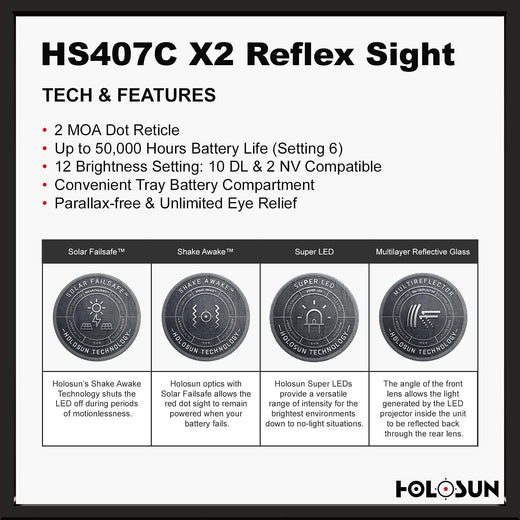 Holosun 407C X2, 2 MOA Red Dot, RMR Footprint, Side Battery, Solar Failsafe - HS407C-X2