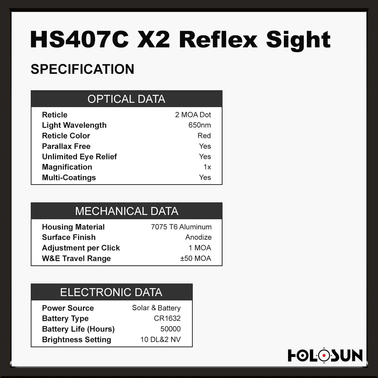 Holosun 407C X2, 2 MOA Red Dot, RMR Footprint, Side Battery, Solar Failsafe - HS407C-X2