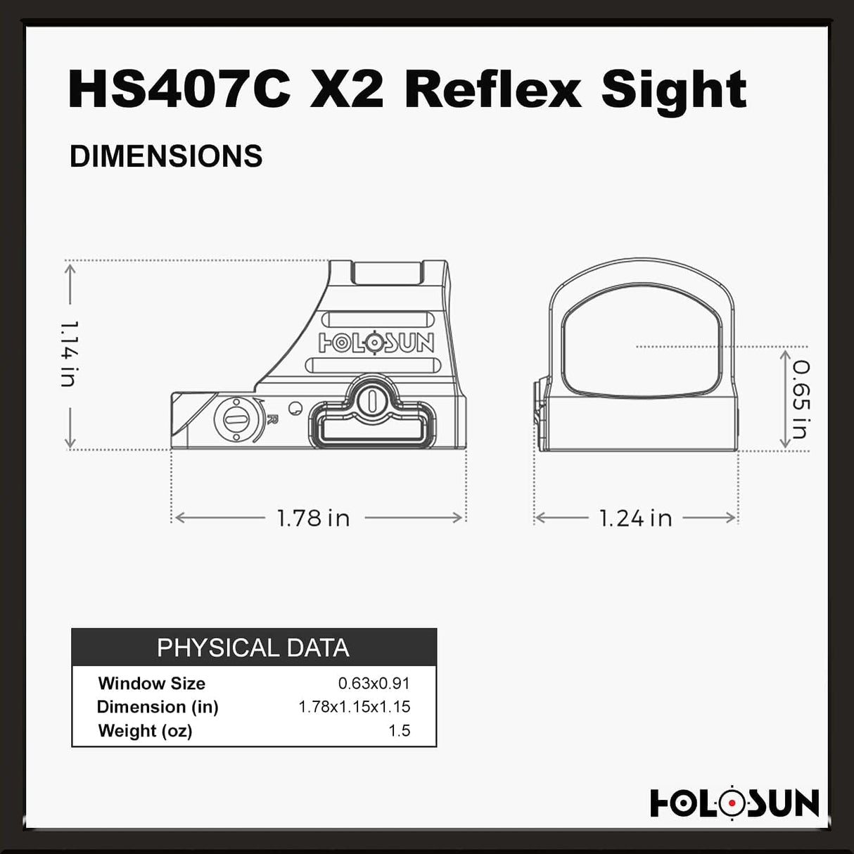 Holosun 407C X2, 2 MOA Red Dot, RMR Footprint, Side Battery, Solar Failsafe - HS407C-X2