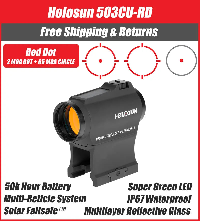 Holosun 503CU Red Dot Sight 2MOA dot with 65 MOA Circle Solar High and Low Mount - HS503CU