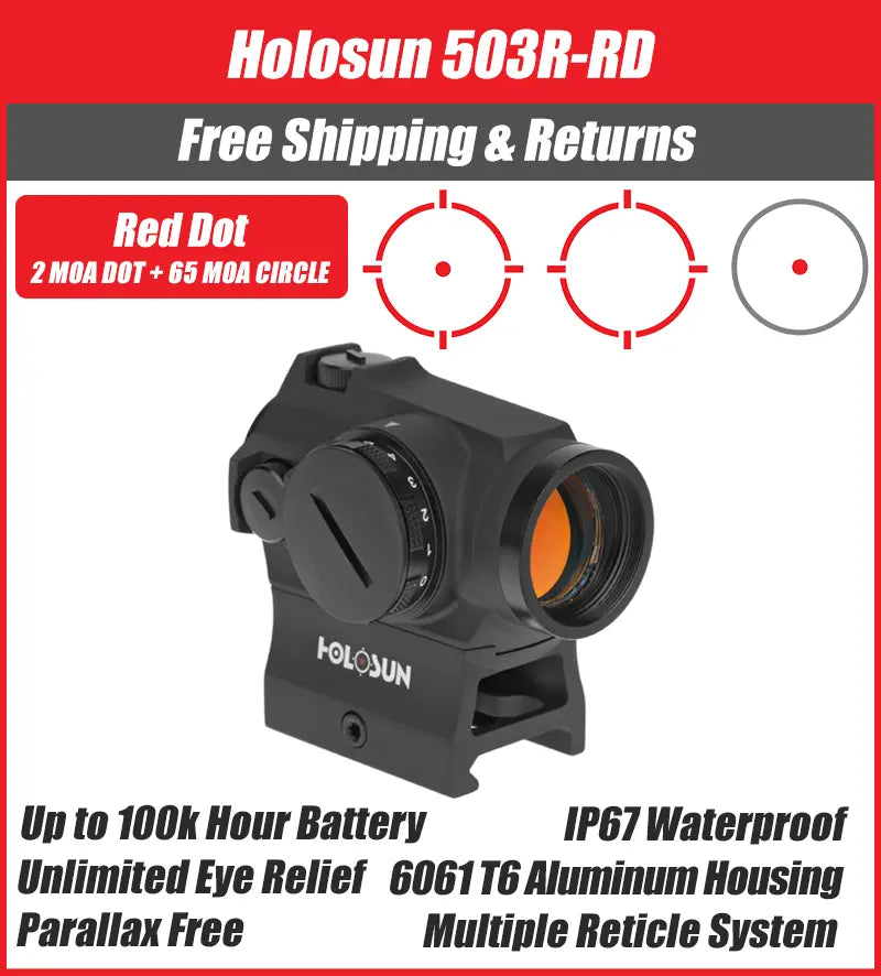 Holosun 503R Red Dot 2MOA with 65MOA Circle High and Low Mount Holosun 503R Red Dot 2MOA with 65MOA Circle High and Low Mount