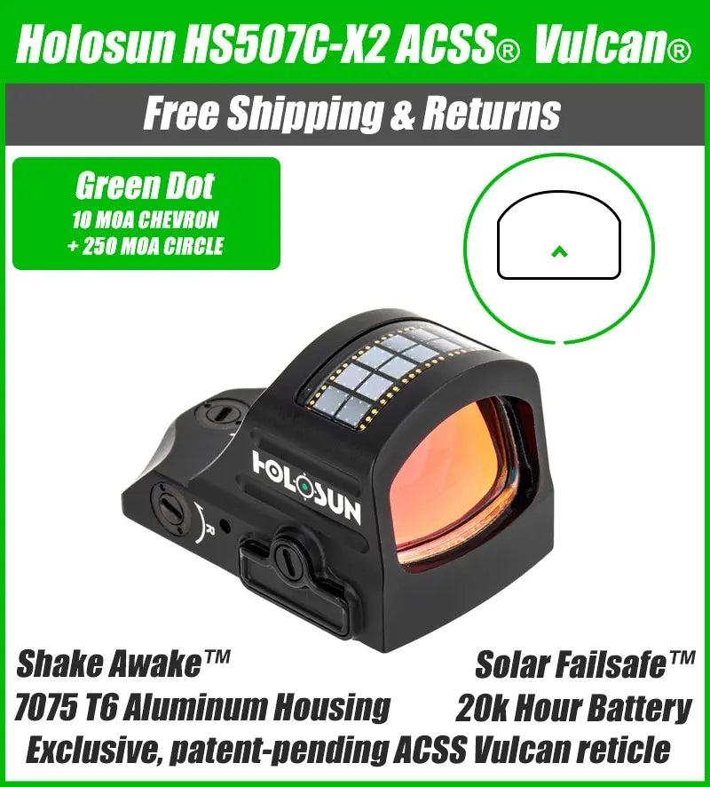 Holosun 507C X2 Green Dot ACSS Vulcan Reticle, RMR Footprint, Solar Failsafe - HE507C-GR-X2-ACSS