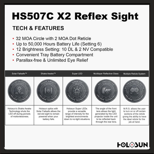 Holosun 507C X2, 32 MOA Ring & 2 MOA Red Dot, RMR Footprint, MRS Reticle, Side Battery, Solar Failsafe - HS507CX2
