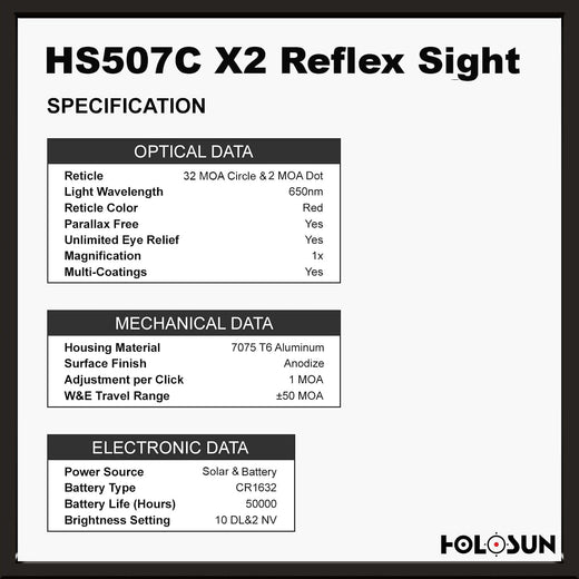 Holosun 507C X2, 32 MOA Ring & 2 MOA Red Dot, RMR Footprint, MRS Reticle, Side Battery, Solar Failsafe - HS507CX2