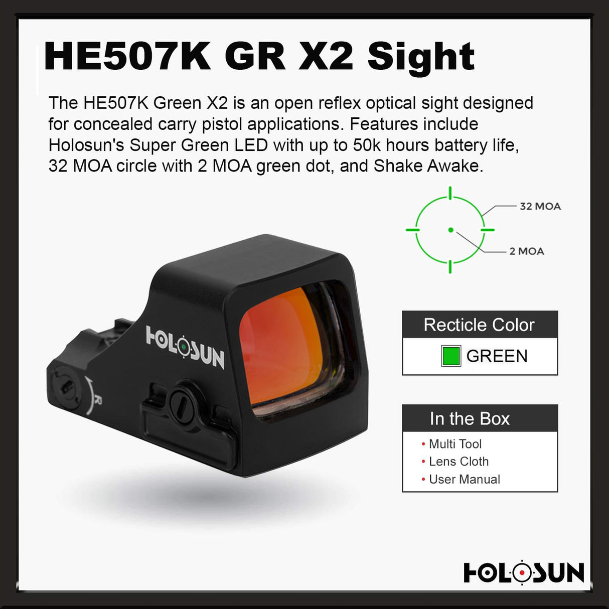 Holosun 507K Green X2, 32 MOA Ring & 2 MOA Green Dot, K Series Footprint (Modified RMSc), MRS Reticle Side Battery - HE507K-GR-X2