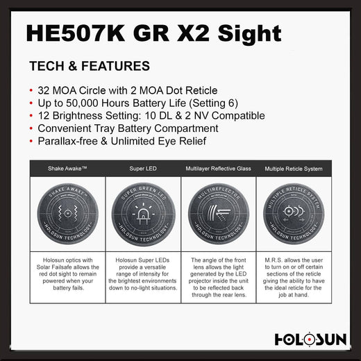 Holosun 507K Green X2, 32 MOA Ring & 2 MOA Green Dot, K Series Footprint (Modified RMSc), MRS Reticle Side Battery - HE507K-GR-X2