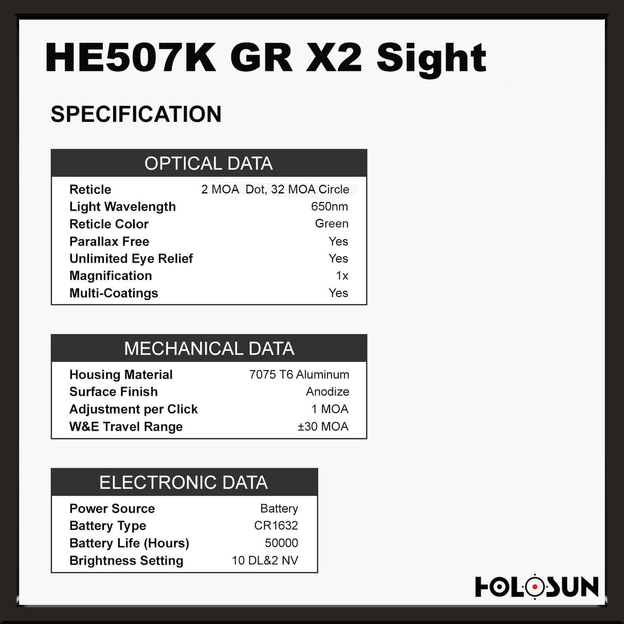 Holosun 507K Green X2, 32 MOA Ring & 2 MOA Green Dot, K Series Footprint (Modified RMSc), MRS Reticle Side Battery - HE507K-GR-X2