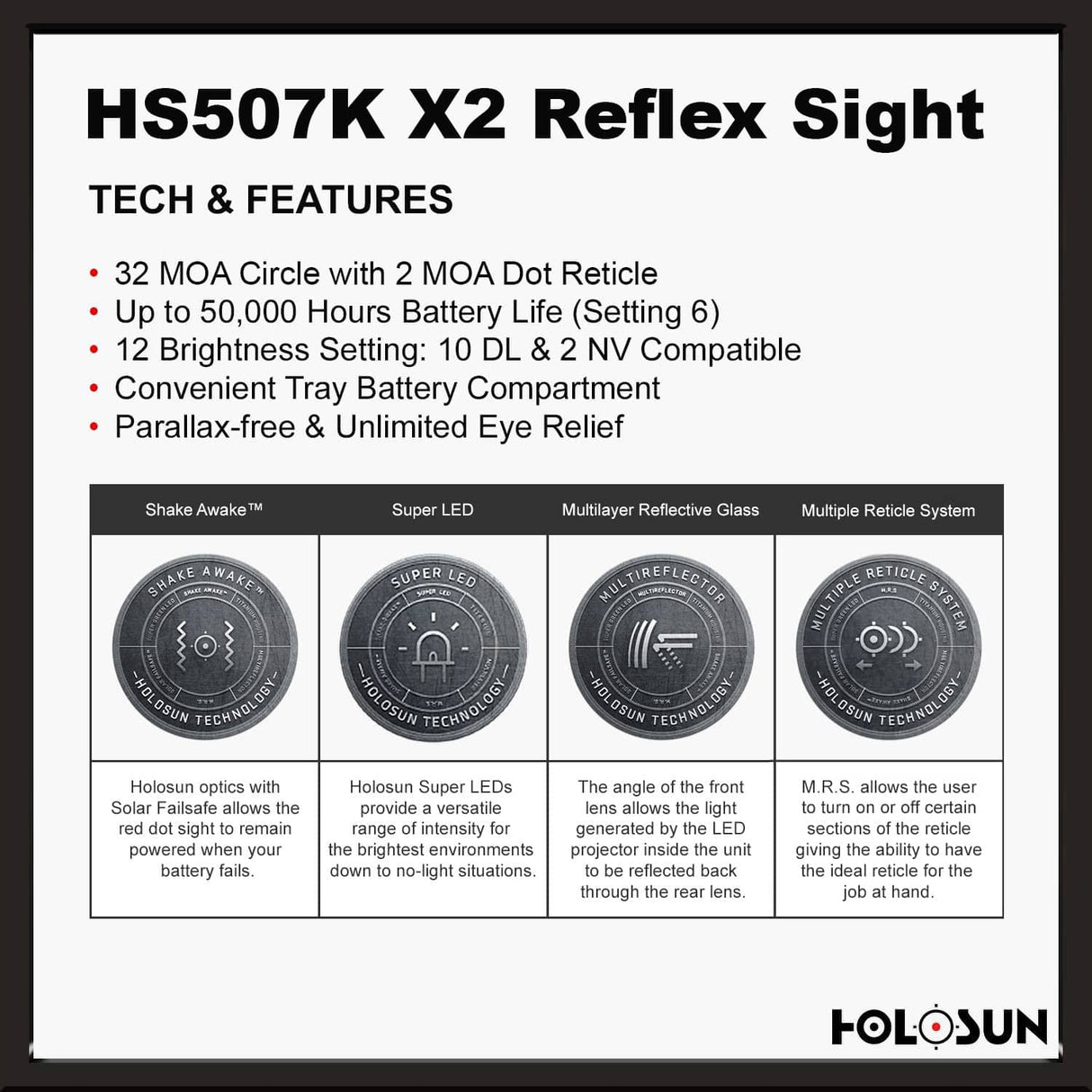 Holosun 507K X2 Red Dot, 32 MOA Ring & 2 MOA Red Dot, K Series Footprint (Modified RMSc), MRS Reticle, Side Battery - HS507K-X2