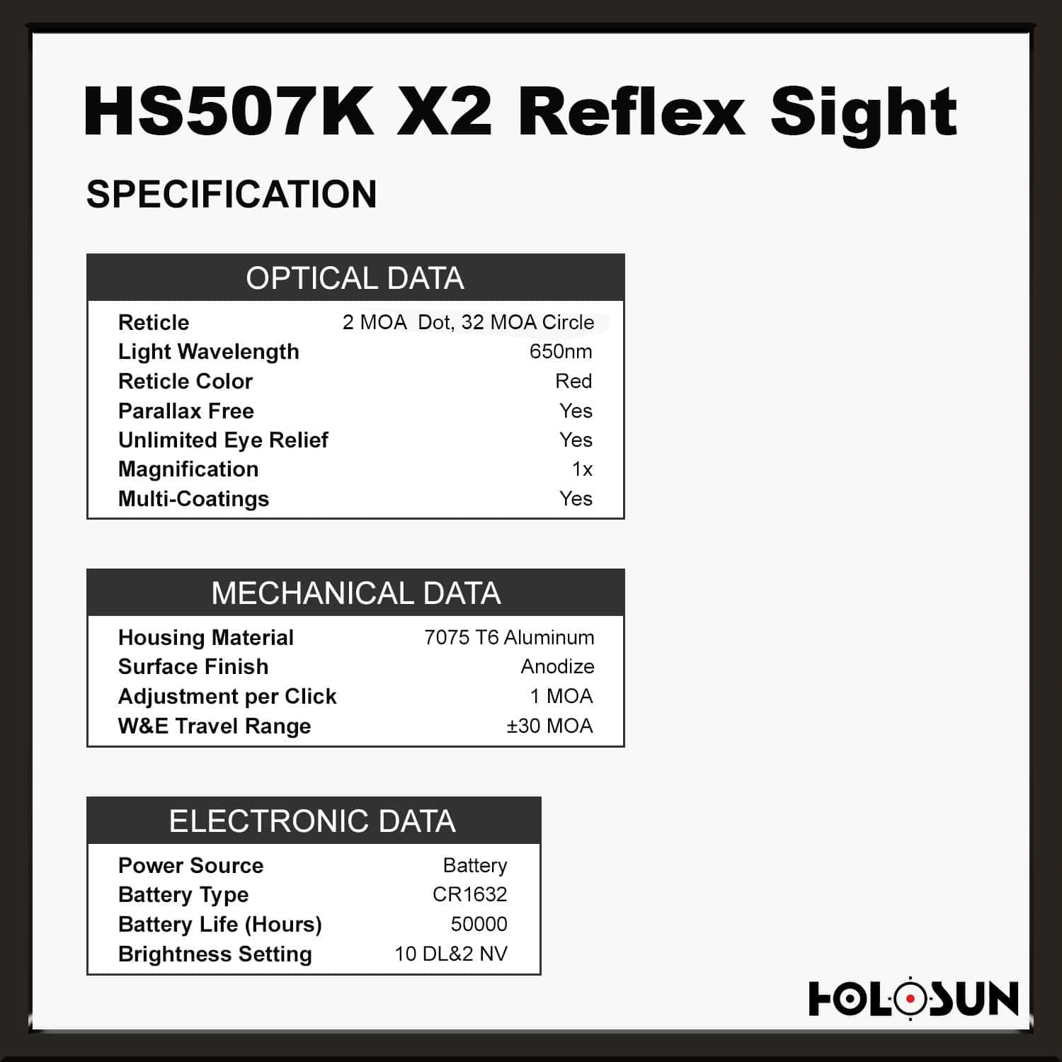 Holosun 507K X2 Red Dot, 32 MOA Ring & 2 MOA Red Dot, Side Battery - HS507K-X2