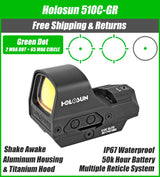 Holosun 510C Green Dot Reflex Sight, 65MOA Circle 2 MOA Dot, Solar with Internal Battery, Quick Release Mount, Protective Hood - HE510C-GR