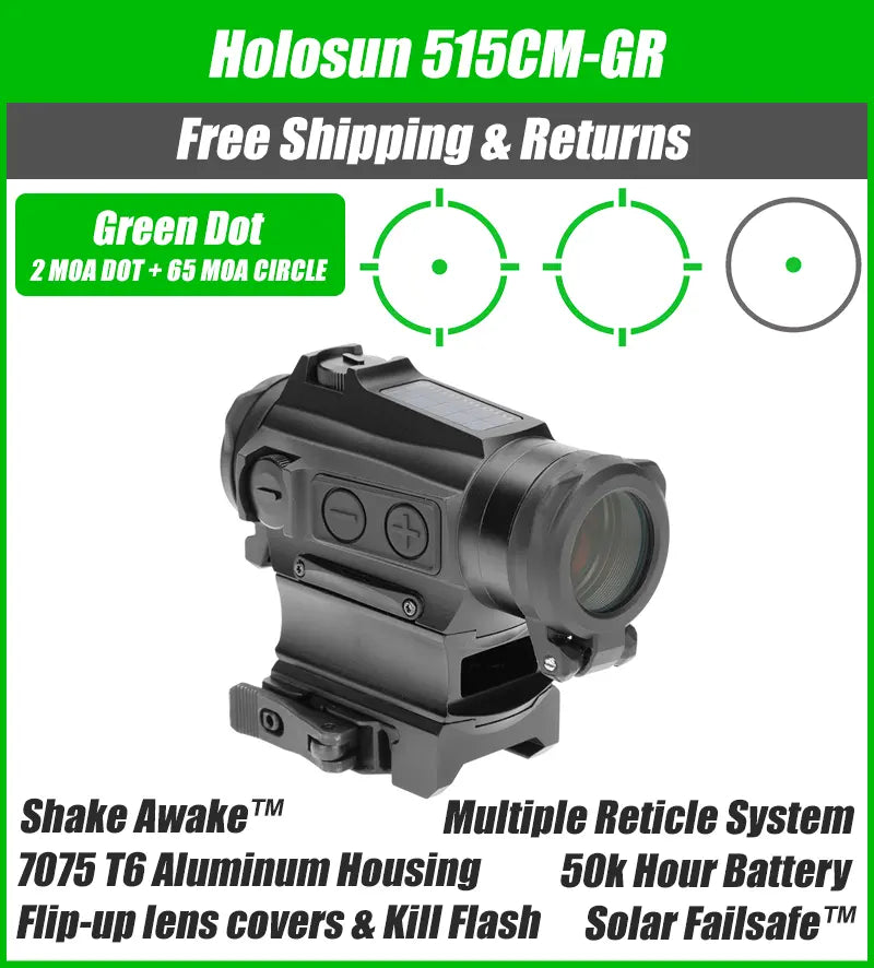 Holosun 515CM Green Dot 2MOA Dot with 65MOA Circle QR Mount Flip