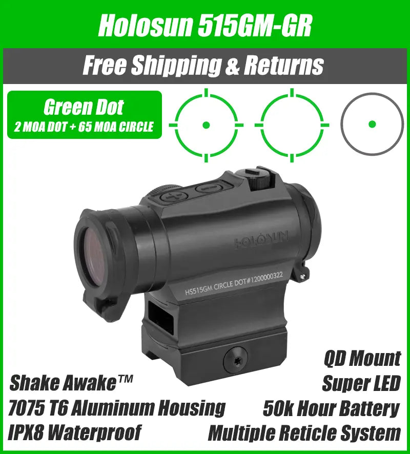 Holosun 515GM Green Dot 2MOA Dot with 65MOA Circle QD Mount Flip Caps - HE515GM-GR