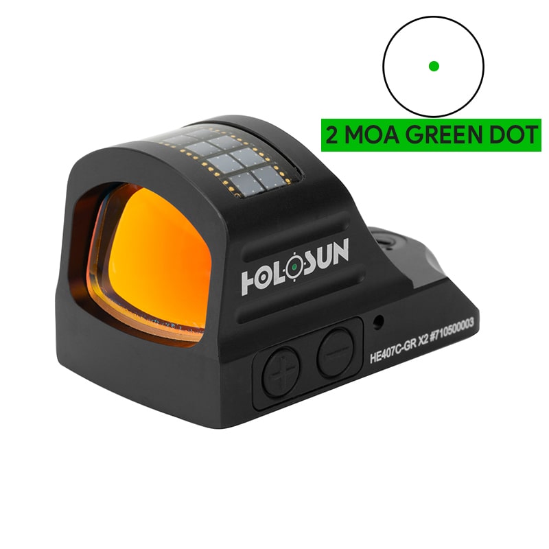Holosun 407C Green X2, 2 MOA Green Dot, Side Battery, Solar Failsafe - HE407C-GR-X2