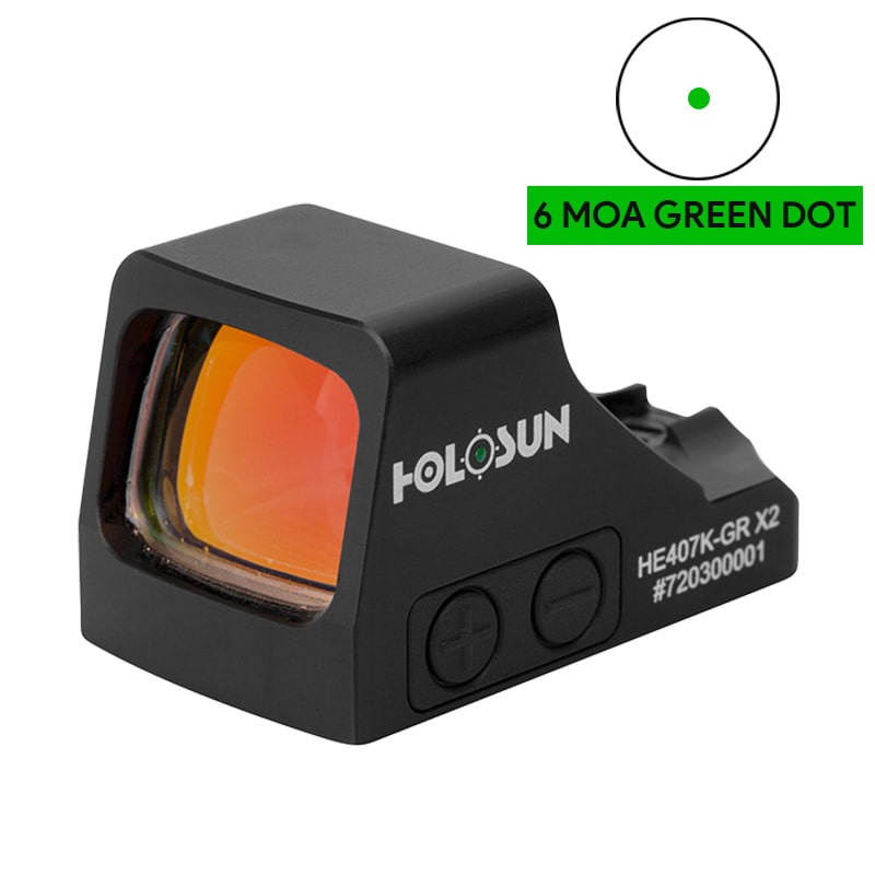 Holosun 407K X2 Green, 6 MOA Green Dot, K Series Footprint (Modified RMSc), Side Battery - HE407K-GR-X2