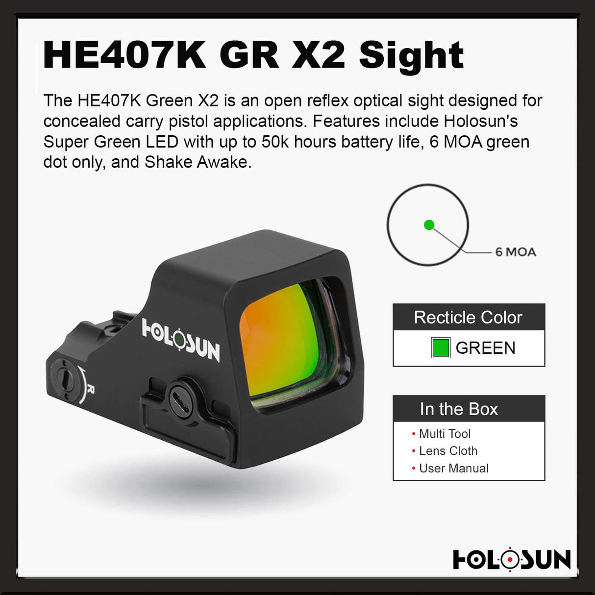 Holosun 407K X2 Green, 6 MOA Green Dot, K Series Footprint (Modified RMSc), Side Battery - HE407K-GR-X2