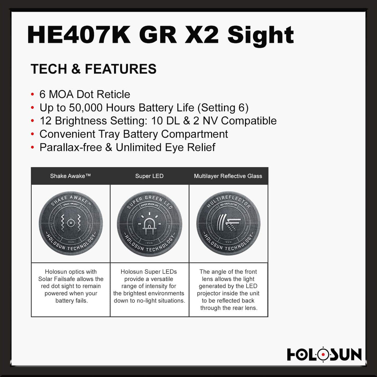 Holosun 407K X2 Green, 6 MOA Green Dot, K Series Footprint (Modified RMSc), Side Battery - HE407K-GR-X2