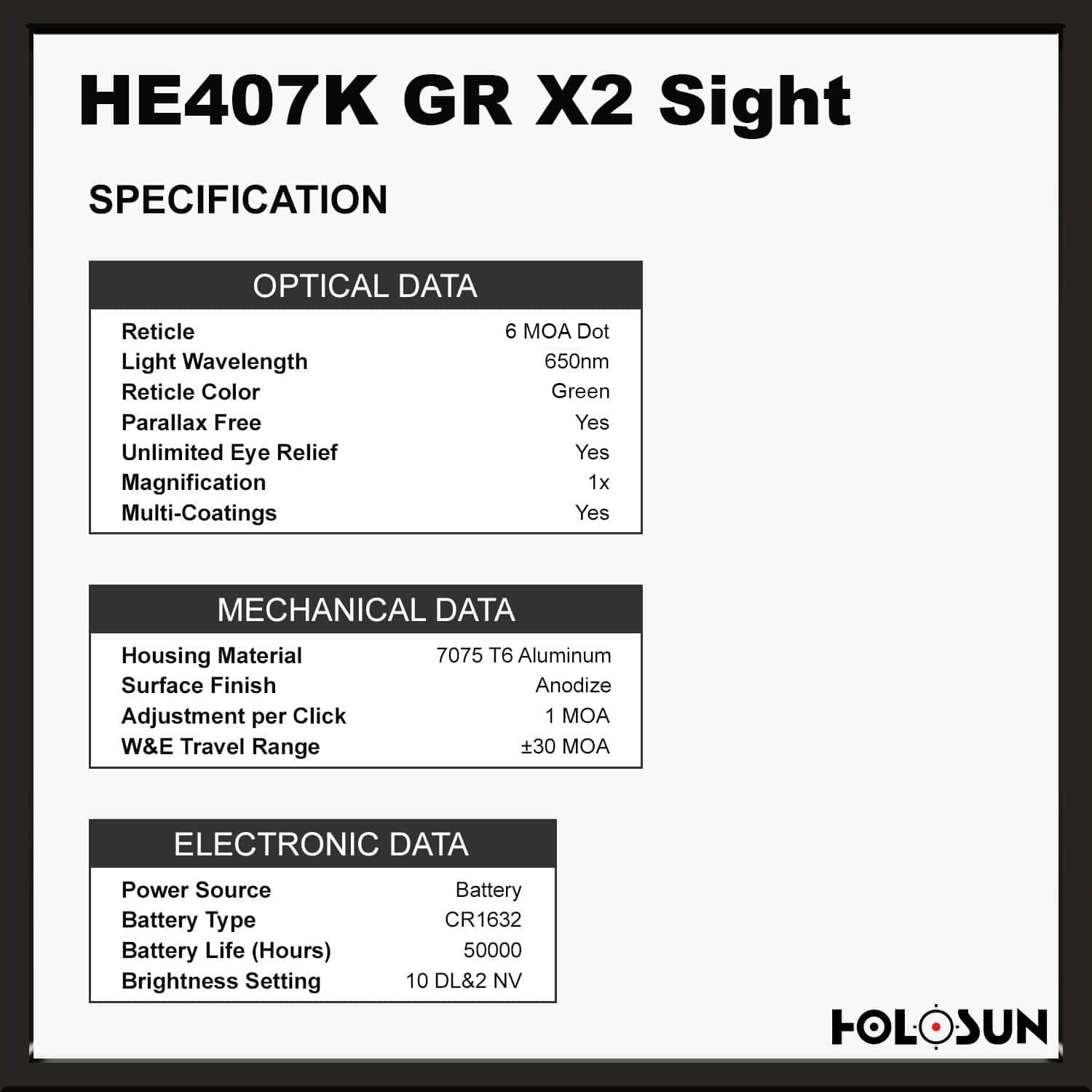 Holosun 407K Green X2, 6 MOA Green Dot, Side Battery - HE407K-GR-X2