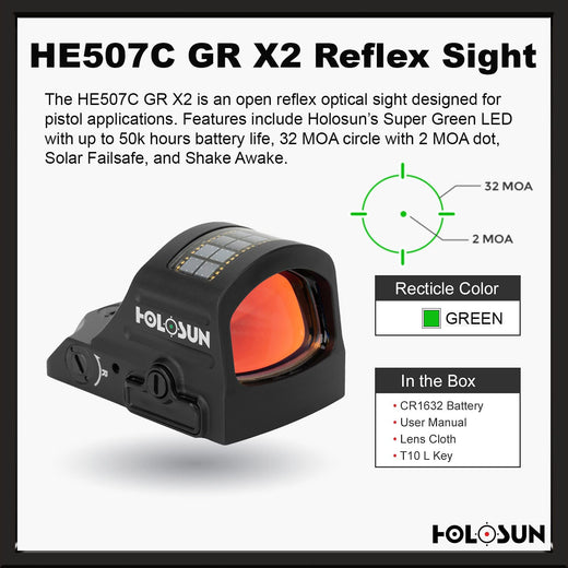 Holosun 507C Green X2, 32 MOA Ring & 2 MOA Green Dot, RMR Footprint, MRS Reticle, Side Battery, Solar Failsafe - HE507C-GR-X2