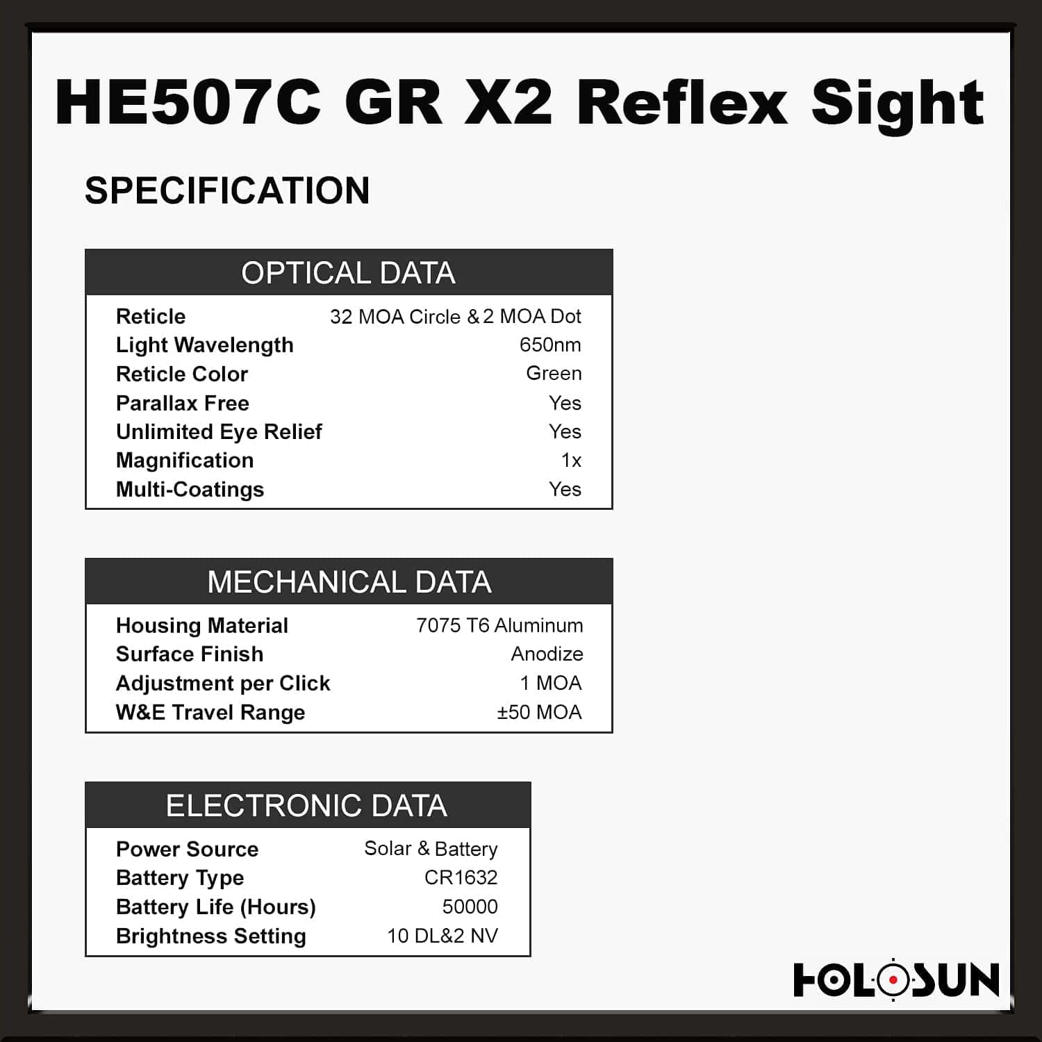 Holosun 507C Green X2, 32 MOA Ring & 2 MOA Green Dot, Side Battery, Solar Failsafe - HE507C-GR-X2