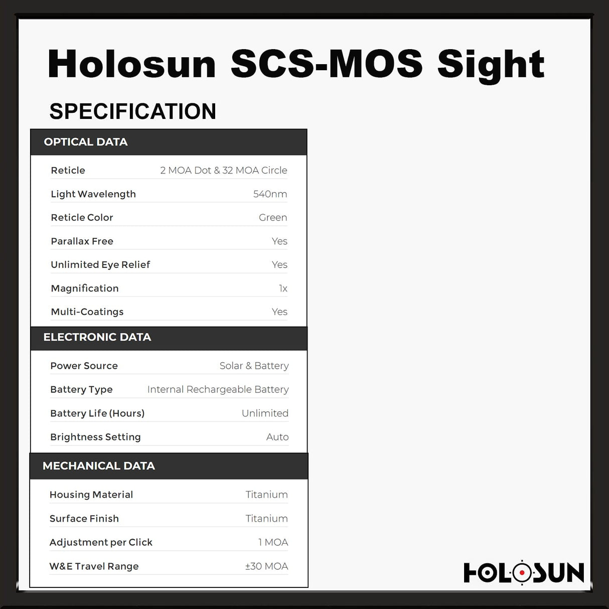 Holosun SCS MOS Green Dot Sight, MRS Reticle, Fits Glock MOS Slides (Not 43X/48), Solar Recharging Battery, Grade 5 Titanium Housing- SCS-M-GR