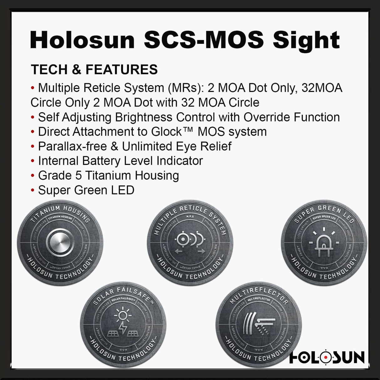 Holosun SCS MOS Green Dot Sight, MRS Reticle, Fits Glock MOS Slides (Not 43X/48), Solar Recharging Battery, Grade 5 Titanium Housing- SCS-M-GR