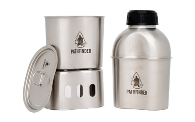 Pathfinder Canteen Cooking Set, 39oz Wide-mouth Stainless Steel Canteen, 25oz Stainless Steel Nesting Cup, Stainless Steel Canteen Nesting Stove, Pathfinder Canteen Cup Lid 1050-PF