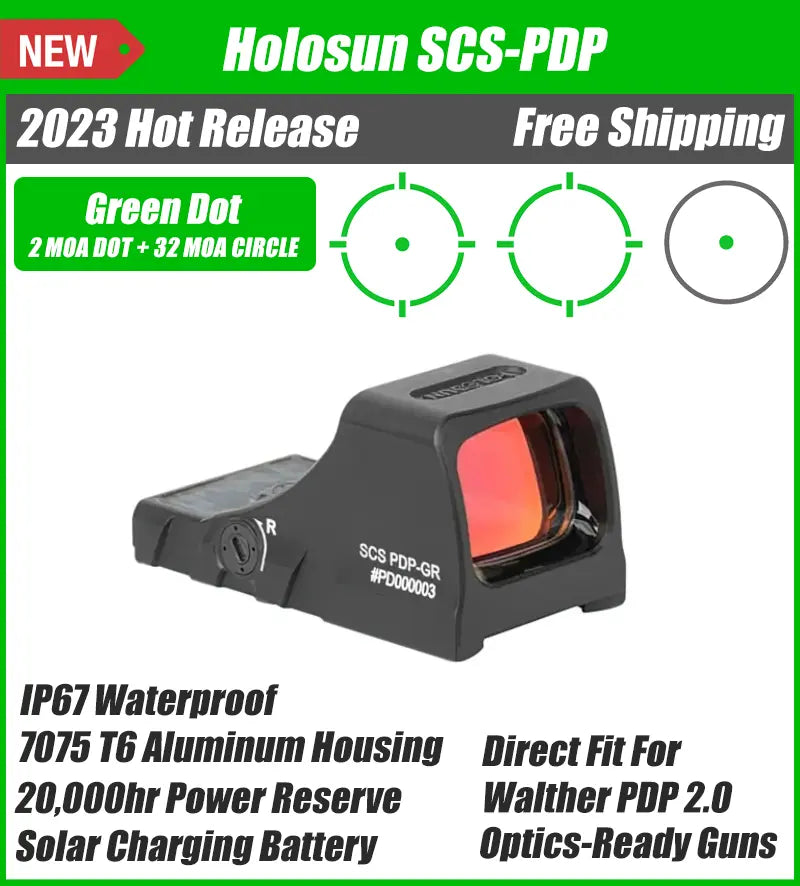 Holosun SCS PDP, 20k Hr Power Reserve, Solar Recharging Battery, MRS Reticle, 32 MOA Circle & 2 MOA Green Dot, Fits Walther PDP 2.0 Optics Cut Slide & PDP F-Series - SCS-PDP-GR