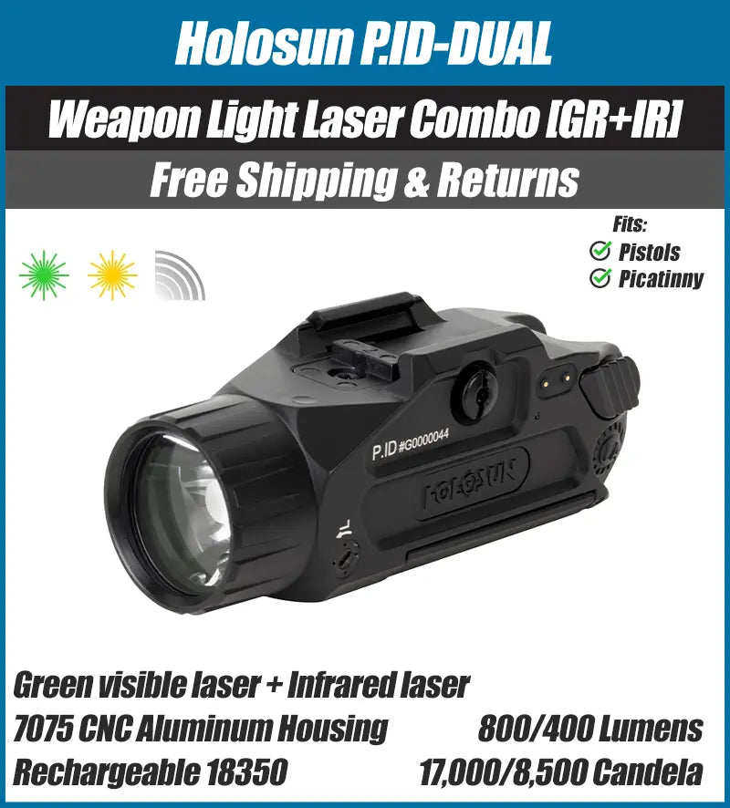 Holosun PID Dual Light Laser Combo, 800 Lumen IR Illuminator, Green Laser, Fits Picatinny