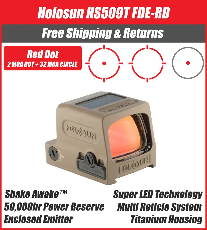 Holosun 509T X2 Red Dot FDE, MRS Reticle Closed Emitter, Titanium, Solar Failsafe, RMR Footprint - HS-509T-FDE-RD