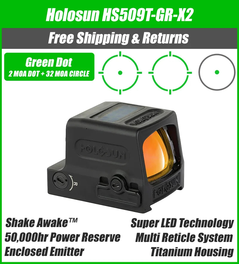 Holosun 509T X2, Green Dot, MRS Reticle, Closed Emitter, Titanium, Solar Failsafe, RMR Footprint - HE509T-GR-X2