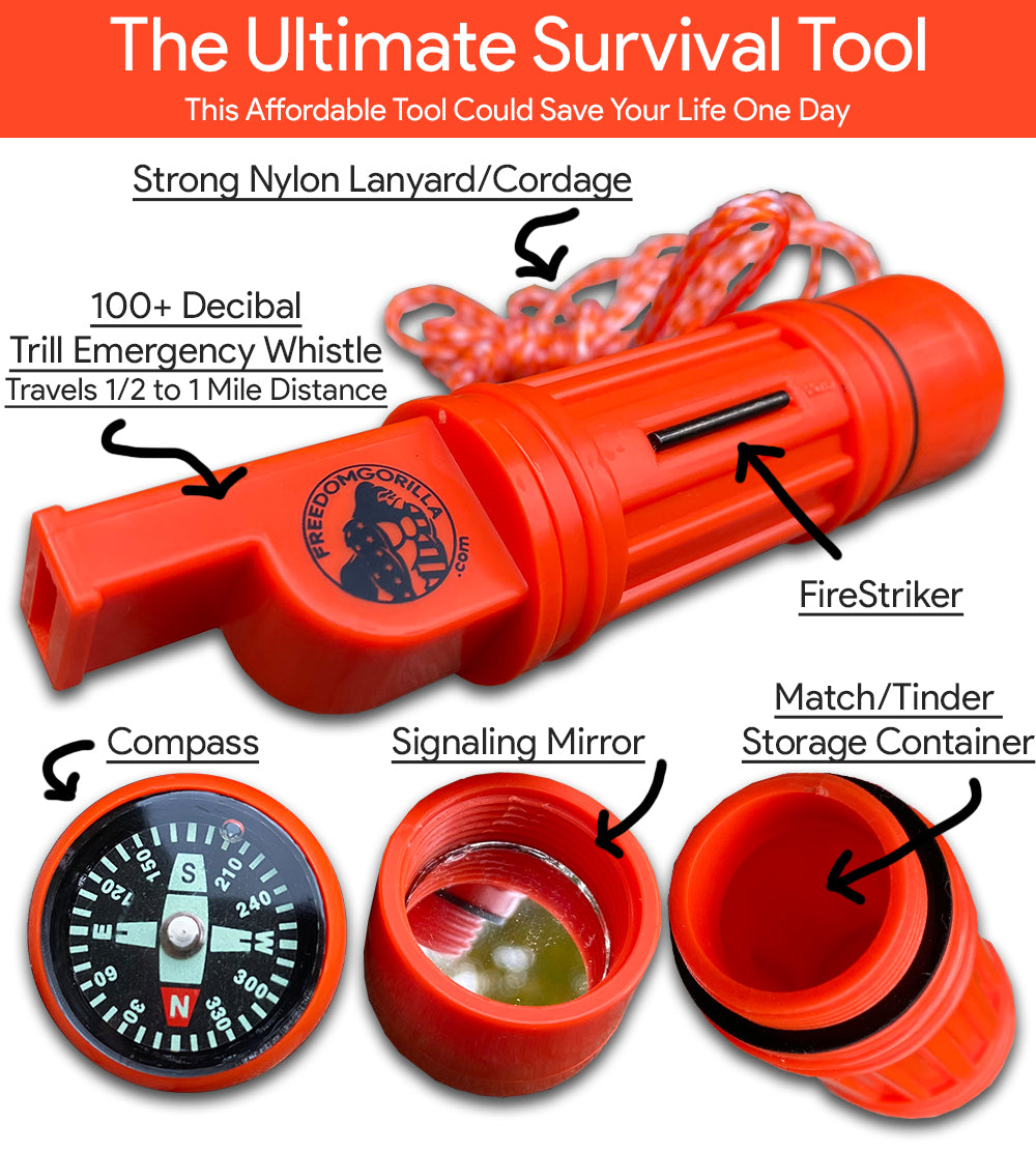 Safety Survival Whistle - 5 in 1, Compass, Firestarter, Storage Container, Loud Whistle, Signaling Mirror. Scare Bears & Survive Outdoors
